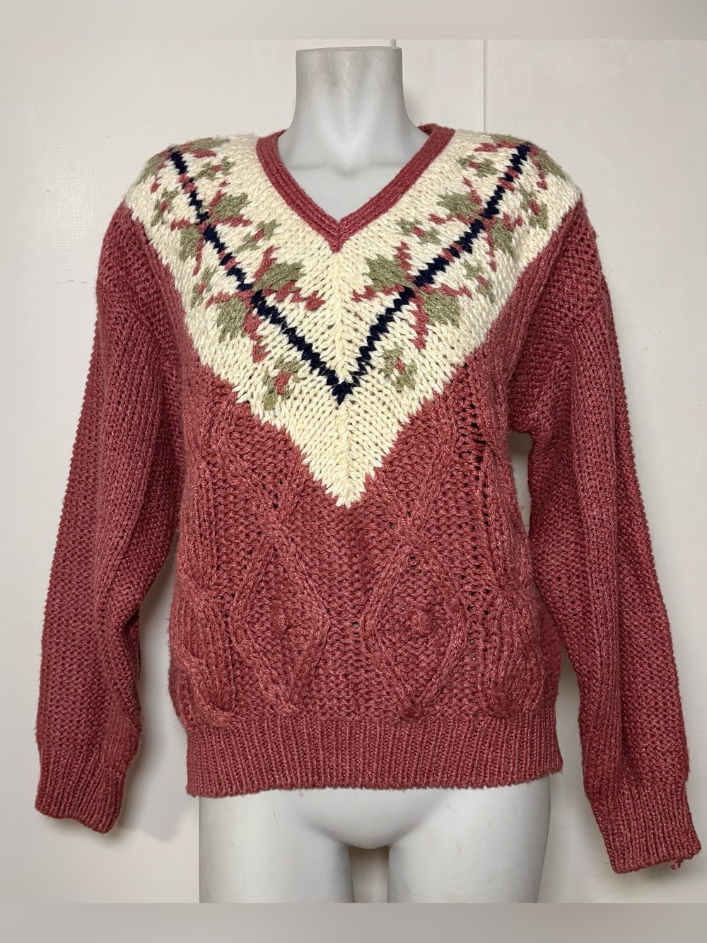 Vintage 80s Donagain Grannycore Rose Pink V Neck Chunky Sweater